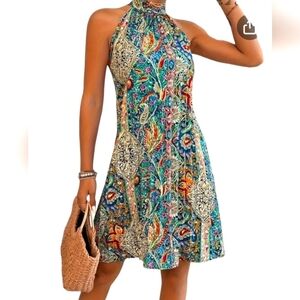Floral print pleated dress M new no tags multi colors ties at back neck